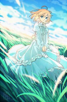 Rule 34 | 1girl, ahoge, antenna hair, artoria pendragon (fate), blonde hair, bow, cloud, cloudy sky, dress, fate/stay night, fate (series), frilled dress, frills, full body, grass, highres, horizon, juliet sleeves, last episode (fate), layered dress, long sleeves, looking at viewer, on ground, puffy sleeves, saber (fate), short hair, signature, sksk sn09, sky, sleeve bow, standing, v arms, white dress
