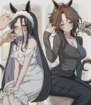 2girls 2others absurdres agnes_tachyon_(umamusume) alternate_costume alternate_hairstyle animal_ears applying_another's_makeup applying_makeup bangs_pinned_back bare_shoulders black_hair black_pants black_shirt blush breasts brown_hair cleavage closed_mouth commentary_request dress forehead hair_between_eyes hairband highres holding holding_brush holding_makeup_brush horse_ears horse_girl horse_tail leogust long_hair long_sleeves makeup_brush manhattan_cafe_(umamusume) medium_breasts multiple_girls multiple_others off-shoulder_dress off_shoulder one_eye_closed pants parted_bangs parted_lips red_eyes shirt short_hair short_sleeves sitting tail textless_version umamusume very_long_hair white_dress white_hairband yellow_eyes