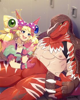 1boy 1girl abs animal_head bara blonde_hair blue_eyes bow breasts bulge cleavage covered_penis crown cum dinosaur_boy dinosaur_costume dinosaur_tail erection erection_under_clothes eyeball eyeball_hair_ornament fake_horns fingerless_gloves gloved_handjob gloves hair_bow handjob handjob_over_clothes hetero highres hiraume42 horns jewelry king_of_dinosaurs large_pectorals long_hair luchador luchador_mask mask medium_breasts mini_crown muscular muscular_male necklace open_mouth pectorals penis penis_peek smile snk sylvie_paula_paula tail the_king_of_fighters the_king_of_fighters_xiv very_long_hair wrestler wrestling_mask