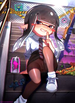 1girl absurdres arm_support black_eyes black_hair black_pantyhose black_skirt blush blush_stickers can caution_tape chain-link_fence drink_can earrings energy_drink fangs fence finger_to_mouth flat_chest food graffiti grey_necktie grin gun highres inkling inkling_girl inkling_player_character jewelry loli long_hair looking_at_viewer najucaju_naju necktie nintendo no_panties no_symbol on_stairs pantyhose pencil_skirt pointy_ears poster_(object) pussy rifle school_uniform shirt shushing sitting skirt sky sleeves_rolled_up smile sniper_rifle splat_charger_(splatoon) splatoon_(series) squid_girl stairs striped_necktie teeth tentacle_hair weapon white_shirt
