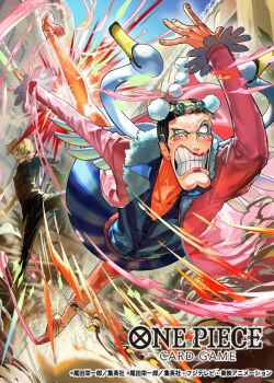 2boys arms_up attack ballet_slippers black_hair black_suit blonde_hair blue_sky blunt_bangs bon_clay clenched_teeth coat commentary_request copyright_name formal_clothes hair_over_one_eye leg_hair leg_up makeup male_focus matsumoto_akira multiple_boys official_art one_piece one_piece_card_game pink_coat sanji_(one_piece) short_hair sky smoke suit teeth