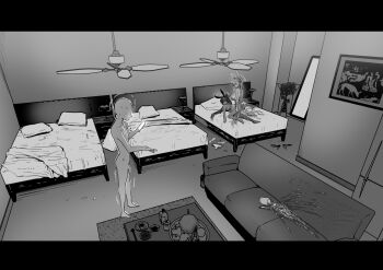 1boy 2girls animal_ears asuna_(blue_archive) asuna_(bunny)_(blue_archive) bed black_hair black_leotard blue_archive breasts ceiling_fan clothed_female_nude_male condom couch cup_ramen dark-skinned_female dark_skin detached_collar fake_animal_ears gloves greyscale hair_over_one_eye highres holding holding_phone hotel hotel_room indoors karin_(blue_archive) karin_(bunny)_(blue_archive) large_breasts leotard long_hair mirror monochrome multiple_girls nude official_alternate_costume pantyhose penis phone pillow playboy_bunny rabbit_ears sashizume_soutarou shoes spill strapless strapless_leotard table unworn_shoes yuri