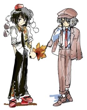 1990s_(style) 2boys 6osquet belt black_belt black_hair black_necktie black_pants brown_hat brown_pants brown_shoes closed_mouth collared_shirt commentary dress_shoes dual_persona english_commentary expressionless fan_request faux_retro_artstyle full_body genderswap genderswap_(ftm) geta hand_fan hands_in_pockets hat hauchiwa head_tilt holding holding_fan holding_jacket holding_unworn_clothes jacket jacket_partially_removed lapels leaf leaf_print light_frown long_sleeves looking_at_another looking_at_viewer looking_to_the_side male_focus maple_leaf medium_hair multiple_boys necktie newsboy_cap notched_lapels official_alternate_costume open_clothes open_jacket pants parted_bangs pointy_ears pom_pom_(clothes) print_pants print_shirt red_eyes red_hat red_necktie red_shoes red_socks retro_artstyle shameimaru_aya shameimaru_aya_(newsboy) shirt shoes short_sleeves sidelocks simple_background smile socks standing suit_jacket suspenders tengu-geta tie_clip tokin_hat touhou unworn_jacket white_background white_shirt white_socks wing_collar