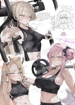 ... 3girls :t absurdres alternate_costume alternate_hairstyle animal_ear_fluff animal_ears barbell black_sports_bra blonde_hair blue_archive braid breasts brown_hair brown_halo cleavage commentary_request crown_braid cup double_bun drinking_straw drinking_straw_in_mouth exercise_machine exercising feathered_wings fox_ears fox_girl hair_bun hair_intakes hair_ornament halo highres holding holding_cup large_breasts looking_at_viewer low_wings medium_breasts mika_(blue_archive) multiple_girls nagisa_(blue_archive) navel pepq pink_hair pink_halo ponytail seia_(blue_archive) simple_background speech_bubble spoken_ellipsis sports_bra stomach sweat tea_party_(blue_archive) translation_request v-shaped_eyebrows veins weightlifting weights white_background white_wings wings yellow_eyes yellow_halo