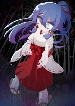 1girl absurdres bleeding blood blue_eyes blue_hair foreshortening foul_detective_satori glowing glowing_eyes hakama hakama_skirt highres injury japanese_clothes long_hair miko miyadeguchi_mizuchi miyadeguchi_mizuchi_(human) night ponytail sandals scared skirt sweat tabi touhou yosu_(surume-ika) zouri