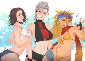 3girls @_@ artist_name blonde_hair blue_headband braid breasts brown_hair cleavage clothes_pull denim denim_shorts final_fantasy final_fantasy_x final_fantasy_x-2 fingerless_gloves gloves grey_hair hair_ornament head_tilt headband highres koyorin long_scarf multiple_braids multiple_girls open_mouth orange_scarf paine_(ff10) parted_lips red_eyes rikku_(ff10) scarf short_hair shorts shorts_pull smile sphere_hair_ornament sports_bikini teeth upper_teeth_only v yuna_(ff10)