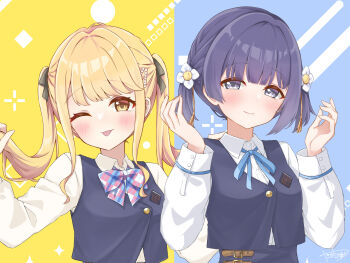 Rule 34 | 2girls, alternate hairstyle, black ribbon, blonde hair, blue background, blue ribbon, blue vest, blush, bow, bowtie, closed mouth, collared shirt, commentary request, flower, fujita kotone, gakuen idolmaster, hair flower, hair ornament, hair ribbon, hands up, hataya misuzu, hatsuboshi gakuen school uniform, highres, holding, holding own hair, idolmaster, long sleeves, looking at viewer, multiple girls, neck ribbon, one eye closed, plaid bow, plaid bowtie, plaid clothes, purple eyes, purple hair, ribbon, school uniform, shirt, short hair, signature, smile, tongue, tongue out, twintails, upper body, vest, white shirt, yasaka (astray l), yellow background, yellow eyes