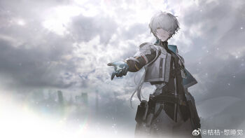 Rule 34 | 1boy, black gloves, black shirt, cowboy shot, gloves, grey pants, grey sky, hair over one eye, highres, holding, jacket, light particles, male focus, mole, mole under mouth, official art, one eye covered, outstretched arm, outstretched hand, overcast, pants, punishing: gray raven, shirt, short hair, sky, solo, wanshi: lucid dreamer (pgr), wanshi (pgr), watermark, weibo watermark, white hair, white jacket, xtears kitsune, yellow eyes