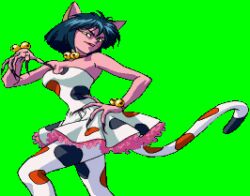 Rule 34 | 1girl, animal ears, bishoujo senshi sailor moon, bishoujo senshi sailor moon s, breasts, cat ears, cat girl, cat tail, choker, collar, colored skin, daimon (sailor moon), dress, evil smile, female focus, game cg, green hair, large breasts, looking at viewer, nekonneru (sailor moon), no humans, official art, pink skin, pointy ears, shiny skin, smile, solo, tail, tattoo, toei animation, white dress, wide hips