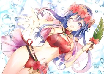 atoatto bikini blue_eyes blue_hair blush fire_emblem fire_emblem:_the_binding_blade fire_emblem_heroes flower lilina_(fire_emblem) lilina_(summer)_(fire_emblem) long_hair looking_at_viewer navel nintendo one_eye_closed open_mouth smile solo swimsuit