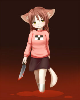 Rule 34 | 1girl, :3, animal ears, bad id, bad pixiv id, blood, blush, body fur, braid, brown hair, cat, cat ears, cat tail, female focus, furrification, furry, furry female, holding, holding knife, kagerofu, kneehighs, knife, looking at viewer, madotsuki, miniskirt, pink shirt, shirt, siberia, skirt, slit pupils, smile, socks, solo, sweater, tail, twin braids, whiskers, yellow eyes, yume nikki