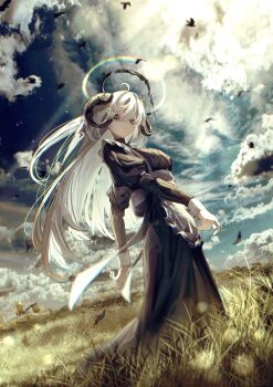 1girl apron goat_horns grass halo horns long_hair maid_apron minto_(minto_rururu) nature original outdoors scenery solo very_long_hair white_hair