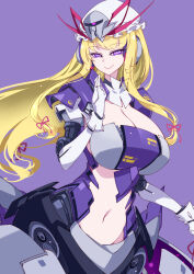 Rule 34 | adapted costume, armor, armored dress, breasts, cleavage, closed mouth, clothing request, dress, gloves, groin, happy, highres, large breasts, long hair, midriff, navel, purple background, purple dress, purple eyes, raptor7, red ribbon, ribbon, seductive smile, sidelocks, simple background, smile, stomach, touhou, upper body, very long hair, white gloves, yakumo yukari