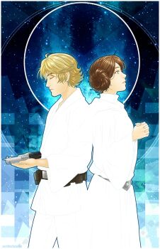 1boy 1girl animification back-to-back blonde_hair blue_background brother_and_sister brown_hair closed_eyes double_bun energy_sword gun hair_bun highres holding holding_weapon lightsaber looking_up luke_skywalker own_hands_clasped own_hands_together parted_lips princess_leia siblings single_hair_bun star_wars star_wars:_a_new_hope sword twins weapon wide_sleeves zombiedaisuke