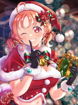 1girl absurdres alternate_costume bell black_gloves blurry blurry_background box breasts christmas commentary_request dress gift gift_box gloves hat highres holding iroenpitsu_xxx long_hair looking_at_viewer love_live! love_live!_sunshine!! medium_breasts navel neck_bell one_eye_closed orange_eyes orange_hair santa_costume santa_dress santa_hat smile solo takami_chika teeth tree_costume upper_body watermark