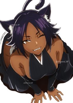 1girl animal_ears artist_name augusketchs bare_shoulders bleach bleach:_turn_back_the_pendulum breasts cat_ears clothing_cutout colorized dark-skinned_female dark_skin detached_sleeves female_focus hair_ears hip_vent japanese_clothes kneeling large_breasts looking_at_viewer networdnn official_alternate_hairstyle one_eye_closed purple_hair shihakusho shihouin_yoruichi shiny_skin sideboob simple_background tail white_background wink yellow_eyes