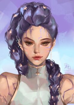 1girl artist_name bare_legs bare_shoulders blue_background body_markings braid braided_ponytail brown_eyes closed_mouth collared_halterneck demon_girl dutch_braided_ponytail ear_piercing earrings four-pointed_star gold_earrings gold_piercing gold_trim gradient_background hair_ornament halter_shirt halterneck heterochromia high_collar highres jewelry kpop_demon_hunters long_hair looking_at_viewer mature_female nose pale_skin piercing portrait purple_background purple_hair raised_eyebrows red_lips rumi_(kpop_demon_hunters) silver_piercing single_braid slit_pupils solo twitter_username two-tone_background very_long_hair yellow_eyes ytxartz