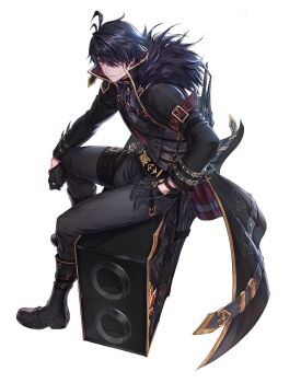 1boy arm_belt artist_request black_boots black_coat black_fur black_gloves black_hair black_pants black_shirt black_vest boots chest_harness coat commentary commentary_request crow_(king&#039;s_raid) english_commentary frown full_body fur-trimmed_coat fur_trim gloves gun harness highres king&#039;s_raid korean_commentary long_coat mixed-language_commentary official_alternate_costume official_art pants purple_eyes red_coat second-party_source shirt short_hair sitting sitting_on_weapon solo two-sided_coat two-sided_fabric vest weapon