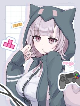 1girl black_shirt breasts brown_hair controller danganronpa_(series) danganronpa_2:_goodbye_despair dress_shirt flipped_hair game_controller hair_ornament hand_up highres hood hood_up jacket large_breasts long_sleeves looking_at_viewer medium_hair nanami_chiaki neck_ribbon open_clothes open_jacket pink_eyes pink_ribbon ribbon shirt solo tetris white_shirt yura_02551