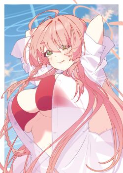 1girl :p absurdres ahoge arms_up bikini blue_archive blue_sky border braid breasts closed_mouth cloud commentary_request day green_eyes halo hanako_(blue_archive) hanako_(swimsuit)_(blue_archive) highres large_breasts looking_at_viewer matatabianko navel open_clothes open_shirt outside_border pink_hair pink_halo red_bikini ring_of_light_(blue_archive) shirt side_braid sky smile solo swimsuit tongue tongue_out white_border white_shirt