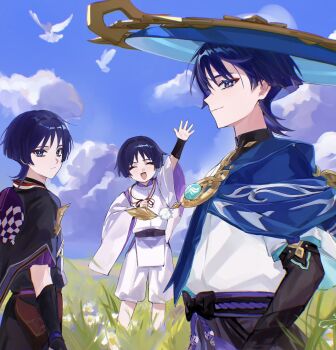 3boys anemo_symbol_(genshin_impact) aqua_gemstone arm_at_side arm_up armor belt bird black_belt black_bodysuit black_bow black_bridal_gauntlets black_kimono black_shorts black_sleeves blue_cape blue_hair blue_hat blue_sky blue_sleeves blunt_ends bodysuit bow bridal_gauntlets cape clenched_hand closed_eyes closed_mouth clothing_cutout cloud cloudy_sky cnorkie colored_eyelashes colored_inner_hair eyeliner eyeshadow facing_viewer feathers flower frilled_sleeves frills gem genshin_impact gold grass hand_on_own_chest hat highres japanese_armor japanese_clothes jewelry jingasa kariginu kimono kote kurokote layered_sleeves looking_at_viewer looking_back makeup male_focus mandarin_collar multicolored_hair multiple_boys multiple_persona neck_ring open_hand open_mouth outdoors pants pelvic_curtain pom_pom_(clothes) purple_bag purple_hair purple_kimono purple_pants purple_rope purple_sash purple_sleeves red_eyeliner red_eyeshadow red_kimono rope sash scaramouche_(genshin_impact) scaramouche_(kabukimono)_(genshin_impact) short_sleeves shorts shoulder_cutout side_cutout single_sode sky smile standing string tsurime wanderer_(genshin_impact) white_flower white_kimono white_pants white_sleeves white_trim wide_sleeves yellow_feathers