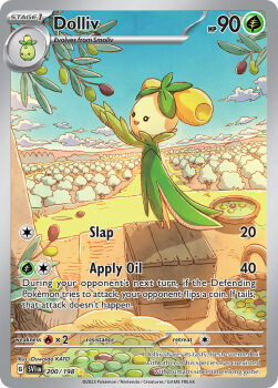 artist_name basket blue_sky card_(medium) character_name cloud company_name copyright_name copyright_notice crate day dolliv english_text eyelashes full_body katou_oswaldo nintendo official_art olive open_mouth outdoors pokemon pokemon_(creature) pokemon_card pokemon_focus pokemon_tcg sky smile smoliv solo standing third-party_source trading_card