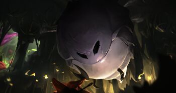 1girl absurdres arthropod_girl black_eyes black_skin boss_fight cloak colored_skin commentary flying hashtag-only_commentary hdhenry highres holding holding_weapon hollow_eyes hollow_knight hollow_knight:_silksong horned_mask hornet_(hollow_knight) horns looking_at_another looking_down looking_up mask needle_(hollow_knight) red_cloak savage_beastfly_(hollow_knight) symbol-only_commentary weapon white_mask