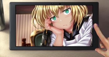 1girl apron armor blonde_hair brown_headband chair chatan_nakiri_(tenka_hyakken) close-up closed_mouth commentary_request dark-skinned_female dark_skin frilled_apron frills green_eyes head_rest headband highres japanese_armor kappougi looking_at_viewer on_chair patchwork_fat. pov pressing_button short_hair shoulder_armor sode tablet_pc tenka_hyakken video_call