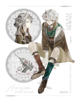 Rule 34 | 1other, asymmetrical legwear, between legs, brown hair, brown jacket, brown shoes, brown shorts, character name, colored tips, english text, full body, glasses, green socks, green vest, hand between legs, highres, jacket, klepon, legwear garter, long hair, medicine pocket, medicine pocket (the cosmos photographer), mismatched legwear, multicolored hair, multiple views, official alternate costume, open clothes, open jacket, red socks, reverse:1999, shirt, shoes, shorts, single off shoulder, sitting, socks, sweater vest, vest, white background, white hair, white shirt, yellow eyes