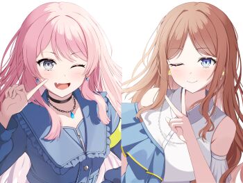 2girls ;d absurdres armband bang_dream! bang_dream!_it&#039;s_mygo!!!!! bare_shoulders black_choker blue_eyes blue_jacket blush breasts brown_hair buttons c: chain chain_necklace chihaya_anon choker closed_mouth collared_shirt commentary curly_sidelocks denim denim_jacket detached_sleeves earrings fang finger_to_cheek frilled_shirt_collar frills grey_eyes hand_up highres index_finger_raised jacket jewelry large_breasts long_hair long_sidelocks long_sleeves looking_at_viewer middle_part multiple_girls nagasaki_soyo necklace one_eye_closed open_mouth parted_bangs pink_hair puffy_long_sleeves puffy_sleeves puritan_collar rounded_collar shirt short_sleeves sidelocks simple_background skin_fang sleeveless sleeveless_shirt smile stitched straight_hair third-party_edit upper_body v white_background white_shirt white_sleeves wing_collar yellow_armband yoromimi_yu zipper zipper_pull_tab