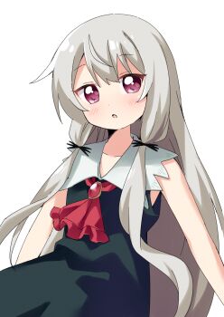 1girl :o ascot black_dress blush collarbone commentary_request dot_nose dress grey_hair haru_(konomi_150) highres jewelry long_hair long_sidelocks looking_at_viewer open_mouth pendant pink_eyes red_ascot sidelocks simple_background sleeveless sleeveless_dress solo sophie_twilight tonari_no_kyuuketsuki-san upper_body white_background