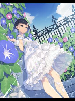 1girl bare_shoulders black_eyes black_hair blue_sky breasts commentary_request dress expressionless fence flower heibonkaeru highres idolmaster idolmaster_cinderella_girls looking_at_viewer morning_glory shirayuki_chiyo short_hair sky small_breasts solo white_dress