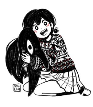 1girl :d artist_name bare_legs blush bright_pupils character_doll christmas_sweater commentary doll dot_nose double-parted_bangs earrings english_commentary fingernails flat_chest full_body greyscale hair_behind_ear hair_between_eyes hand_up high_contrast highres holding holding_doll jewelry kneehighs light_bulb long_hair long_sleeves looking_at_viewer mari_(faraway)_(omori) mari_(omori) miniskirt monochrome omori open_mouth osulan pleated_skirt puffy_long_sleeves puffy_sleeves round_teeth seiza simple_background sitting skirt slippers smile socks solo something_(omori) spot_color straight_hair sweater tareme teeth tongue upper_teeth_only very_long_hair white_background wide-eyed
