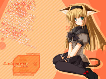 1girl 2000s_(style) abstract_background animal_ear_fluff animal_ears anime_coloring archived_source bad_link between_legs black_hairband black_shirt black_shoes black_skirt black_thighhighs blonde_hair blunt_bangs blunt_ends blush bow breasts brown_bow brown_shoes brown_sleeves brown_tail cat cat_ears cat_tail closed_mouth collared_shirt comiket_66 cross cross_print dot_nose dress_shoes drop_shadow english_text expressionless green_eyes grey_sailor_collar hair_intakes hairband hand_between_legs horizontal-striped_clothes horizontal-striped_collar long_hair looking_at_viewer mary_janes medium_breasts miniskirt orange_background original paw_print platform_shoes pleated_skirt print_collar puffy_short_sleeves puffy_sleeves red_bow retro_artstyle sailor_collar school_uniform serafuku shinkichi_(usadama) shirt shirt_bow shoes short_sleeves single_horizontal_stripe sitting skirt solo striped_clothes striped_collar tail thighhighs translation_request turtleneck undershirt wariza