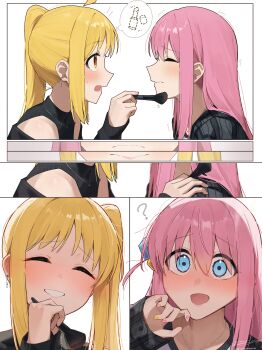 2girls absurdres bare_shoulders blonde_hair blue_eyes blush bocchi_the_rock! brown_eyes gotoh_hitori highres ijichi_nijika long_hair looking_at_another looking_at_viewer multiple_girls open_mouth pink_hair seisyuntarotto side_ponytail teeth white_background