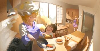 3girls ^_^ absurdres animal_ear_fluff animal_ear_piercing animal_ears apron blonde_hair bow brown_hair cat_ears cat_girl cat_tail chair chen chinese_commentary closed_eyes coffee_maker commentary counter day door dress fisheye fox_girl fox_tail frying_pan hair_bow hat highres holding holding_frying_pan indoors kinoko_(kino2435006) kitsune kyuubi long_hair long_sleeves microwave mob_cap multiple_girls multiple_tails open_mouth plate purple_apron purple_dress red_bow short_hair short_sleeves sleep_mask smile stove stretching sunlight table tail touhou two_tails white_hat window window_shadow yakumo_ran yakumo_yukari yawning