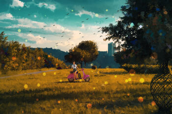 Rule 34 | 1girl, absurdres, animal, black hair, blue sky, building, bush, cloud, commentary request, dog, evening, flock, grey skirt, highres, looking at viewer, meadow, medium hair, motor vehicle, motorcycle, neckerchief, on motorcycle, original, outdoors, park, pleated skirt, red neckerchief, scenery, school uniform, shang zhou, shirt, short sleeves, simple bird, skirt, sky, skyscraper, solo, tree, white shirt, wide shot