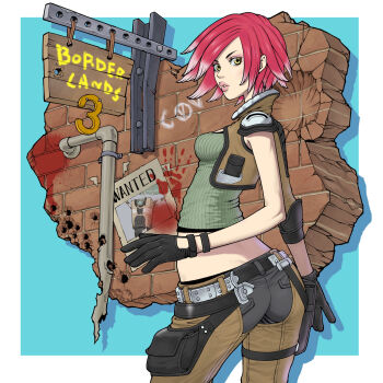 1girl artist_request ass bad_id bad_pixiv_id belt black_gloves blood blood_stain blurry blurry_background border borderlands_(series) borderlands_3 breasts brick_wall brown_vest bullet_hole chaps claptrap contrapposto cowboy_shot elbow_pads english_text gloves handprint highres lilith_(borderlands) lips medium_hair midriff parted_lips pouch red_hair ribbed_shirt shirt sign small_breasts solo vest wanted_poster white_border yellow_eyes