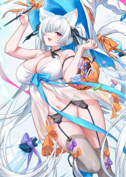 1girl :d aeon_ion animal_ears bare_shoulders black_garter_belt blush boots bottomless breasts broom candy cat_ears cat_girl cat_tail cinderella_(nikke) cleavage collarbone commentary_request food garter_belt goddess_of_victory:_nikke grey_thighhighs hair_between_eyes hair_over_one_eye halloween halloween_bucket happy_halloween hat highres holding holding_pumpkin jack-o&#039;-lantern knee_boots large_breasts lingerie long_hair looking_at_viewer navel negligee one_eye_covered open_mouth panties pumpkin red_eyes see-through_clothes sidelocks simple_background smile solo standing standing_on_one_leg stomach tail thighhighs trick_or_treat twintails underwear variant_set very_long_hair white_background white_boots white_hair white_negligee witch witch_hat