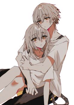 1boy 1girl :< belt black_belt black_pants black_skirt blush breasts caelus_(honkai:_star_rail) chromatic_aberration closed_mouth collarbone commentary_request dual_persona feet_out_of_frame grey_hair hair_between_eyes half-closed_eyes hand_on_another's_shoulder hetero highres honkai:_star_rail honkai_(series) hug hug_from_behind kinona long_hair looking_ahead looking_at_another looking_up medium_breasts miniskirt orange_eyes pants selfcest shirt short_hair short_sleeves sidelocks simple_background sitting skirt spread_legs stelle_(honkai:_star_rail) t-shirt trailblazer_(honkai:_star_rail) two-sided_fabric two-sided_skirt white_background white_shirt yellow_skirt
