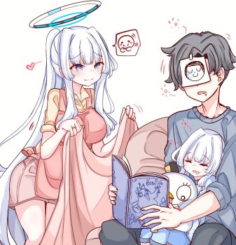 absurdres alternate_costume apron blue_archive breasts collared_shirt couple doodle_sensei_(blue_archive) family father_and_daughter halo hetero highres if_they_mated large_breasts long_hair mother_and_daughter noa_(blue_archive) peroro_(blue_archive) peroronti pink_apron pink_skirt purple_eyes sensei_(blue_archive) shirt simple_background skirt sleeping very_long_hair white_background white_hair white_halo yellow_shirt