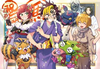 1girl 2026 4boys bat_(animal) black_hair black_kimono blonde_hair blue_kimono brown_hair brown_kimono calligraphy_brush chiropmon commentary_request cowboy_shot digimon digimon_(creature) digimon_beatbreak drawing_on_own_face gecko gekkomon glasses group_picture happy holding holding_calligraphy_brush holding_paintbrush japanese_clothes kimono kuonji_makoto looking_at_another mole mole_under_eye mole_under_mouth multicolored_hair multiple_boys murasamemon new_year open_mouth orange_hair paintbrush pristimon round_eyewear sakuya_reina sanada_makomi sawashiro_kyo short_hair stuffed_toy tenma_tomoro tongue tongue_out two-tone_hair