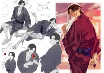 Rule 34 | 1boy, :t, absurdres, akiyama shun, black hair, brown hair, candy apple, cigarette, commentary request, facial hair, festival, food, hand fan, highres, holding, holding cigarette, japanese clothes, kimono, male focus, multiple views, nicacu, obi, paper fan, partially colored, ryuu ga gotoku (series), ryuu ga gotoku 4, sandals, sash, smoking, stubble, uchiwa, yukata