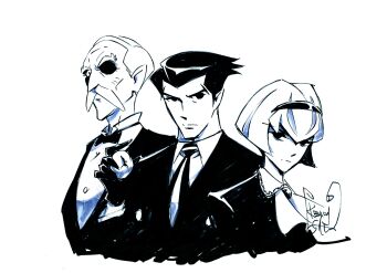 1girl 2boys bow bowtie closed_mouth collared_shirt dress eyepatch facial_hair formal_clothes hairband highres keiichi_sato looking_at_viewer monochrome multiple_boys mustache necktie norman_burg old old_man r_dorothy_wayneright roger_smith shirt short_hair signature suit the_big_o upper_body white_background