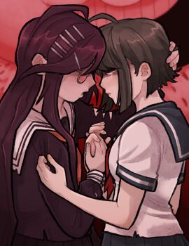 Rule 34 | 2girls, ahoge, black hair, blue sailor collar, blue skirt, breasts, collared shirt, commentary, crying, danganronpa (series), danganronpa another episode: ultra despair girls, english commentary, fingernails, from side, fukawa toko, hair ornament, hairclip, hand on another's arm, hand on another's head, highres, holding hands, long hair, multiple girls, naegi komaru, neckerchief, necktie, purple hair, purple serafuku, purple shirt, purple skirt, red neckerchief, red necktie, sailor collar, school uniform, serafuku, shirt, short hair, short sleeves, skirt, skirt set, spookberry, streaming tears, tears, torn clothes, torn shirt, white sailor collar, white shirt