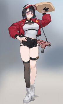 1girl :3 black_hair black_shorts black_thighhighs boots breasts closed_mouth full_body gloves grey_background gun gun_sling half_gloves hand_on_own_hip highres jacket jaejae lace-up_boots large_breasts looking_at_viewer open_clothes open_jacket original red-tinted_eyewear red_jacket round_eyewear shirt short_hair shorts sig_mpx sig_sauer simple_background single_half_glove single_thighhigh solo standing submachine_gun thigh_strap thighhighs tinted_eyewear visor_cap weapon white_boots white_shirt