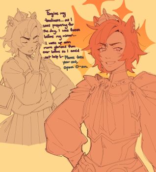 Rule 34 | 1girl, animal ear piercing, animal ears, armor, belt, bow, bowtie, bracer, collared shirt, corset, crown, english text, fingernails, grin, hand on own hip, high collar, highres, horse ears, horse girl, light blush, long sleeves, mini crown, multiple piercings, multiple views, neck ribbon, nostrils, orange hair, orange theme, partially colored, pauldrons, pleated skirt, puffy long sleeves, puffy sleeves, raccrows, ribbon, sailor collar, school uniform, shirt, shoulder armor, simple background, skirt, smile, sparkle, striped clothes, striped shirt, t.m. opera o (o sole suo!) (umamusume), t.m. opera o (umamusume), thick eyebrows, tracen school uniform, umamusume, vertical-striped clothes, vertical-striped shirt, yellow background