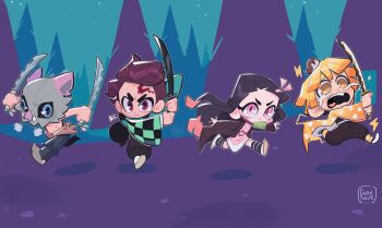 1girl 3boys agatsuma_zenitsu animal animal_on_head bird bird_on_head bit_gag black_hair black_haori black_jacket black_pants blonde_hair blue_eyes blunt_bangs blunt_ends boar_mask brown_eyes brown_hair checkered_haori chibi chibi_only clenched_hands closed_mouth colored_tips crying crystalbeastie demon_slayer_uniform dual_wielding earrings fighting_stance full_body furrowed_brow gag hair_ribbon hanafuda_earrings haori hashibira_inosuke heavy_breathing highres holding holding_sword holding_weapon jacket japanese_clothes jewelry kamado_nezuko kamado_tanjirou katana kimetsu_no_yaiba kimono long_hair multicolored_hair multiple_boys on_head open_mouth outdoors outstretched_arms pants pink_eyes pink_kimono pink_ribbon print_haori red_hair ribbon running scar scar_on_face scar_on_forehead smile streaming_tears sword tears topless_male tusks wavy_mouth weapon yellow_eyes