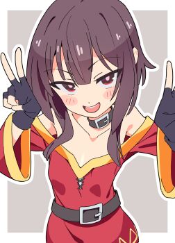 1girl :d bare_shoulders belt black_belt black_choker black_gloves blush blush_stickers bright_pupils brown_hair buckle choker collar collarbone commentary_request double_v dress fingerless_gloves gloves grey_background hands_up highres kono_subarashii_sekai_ni_shukufuku_wo! long_sleeves looking_at_viewer megumin noyama_takenoko off_shoulder open_mouth red_dress red_eyes short_hair short_hair_with_long_locks sidelocks simple_background smile solo teeth two-tone_background upper_teeth_only v white_pupils