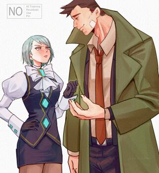 1boy 1girl ace_attorney black_gloves black_jacket black_pants black_skirt black_vest coat collared_shirt dick_gumshoe franziska_von_karma gloves green_coat hand_on_own_hip jacket juliet_sleeves long_sleeves looking_at_another necktie open_clothes open_coat pants puffy_sleeves rat_nkmi red_necktie shirt short_hair skirt smile twitter_username vest white_shirt